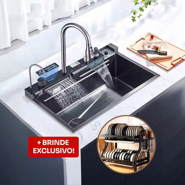 Pia Aço Inox Multifuncional Digital Cascata + BRINDE: Escorredor de Aço Inox Premium